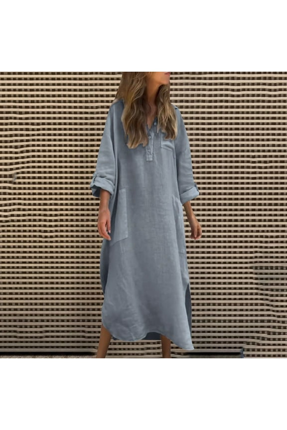 Long Sleeve Maxi Dress, Womens Fall Dresses, Womens Long Sleeve Dresses Solid Color Turndown Collar Button Pocket Long Dress