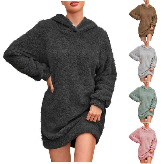 Ashirexll Long Sleeve Mini Dress, Winter Dress for Women, Women's Winter and Fall Hooded Sweatshirt Dress Long Sleeve Warm Casual Dresses
