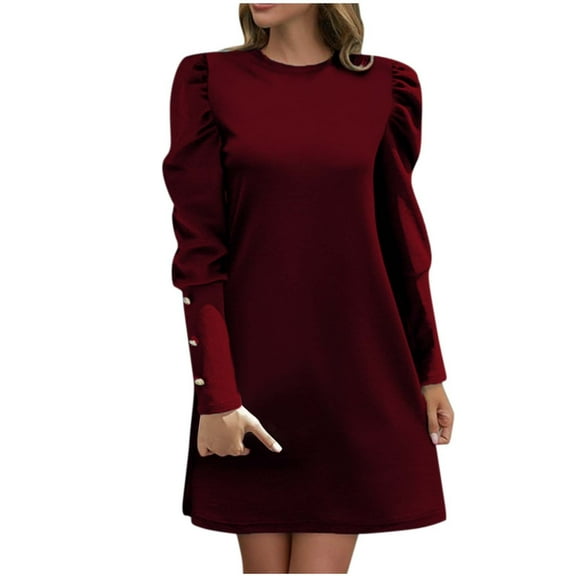 Ashirexll Long Sleeve Mini Dress, Womens Fall Dresses, Women's Solid Color Round Neck Long Sleeve Dresses Knitted Sweater Mid-Length Dress