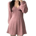 thumbnail image 1 of Ashirexll Long Sleeve Mini Dress, Womens Fall Dresses, Women's Solid Color Vintage Cable Knitted V-Neck Sweater Dress Long Sleeve Dresses, 1 of 4