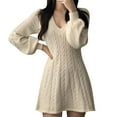 thumbnail image 1 of Ashirexll Long Sleeve Mini Dress, Womens Fall Dresses, Women's Solid Color Vintage Cable Knitted V-Neck Sweater Dress Long Sleeve Dresses, 1 of 6
