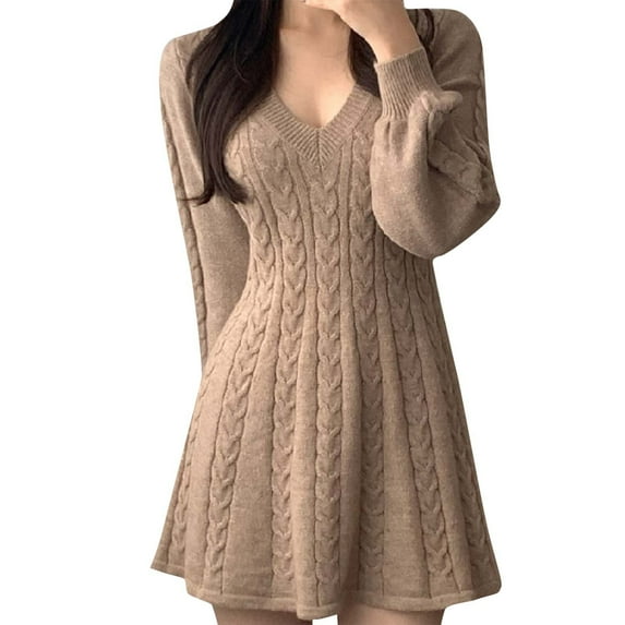 Ashirexll Long Sleeve Mini Dress, Womens Fall Dresses, Women's Solid Color Vintage Cable Knitted V-Neck Sweater Dress Long Sleeve Dresses