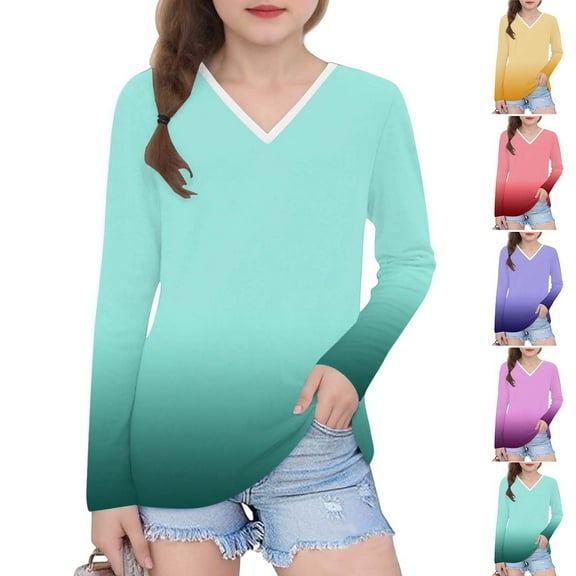 Ashirexll Long Sleeve Shirts Winter Tops for Girls 2-14 Years Gradient Printed Fashion Casual V-Neck Long Sleeve Top for Spring Fall