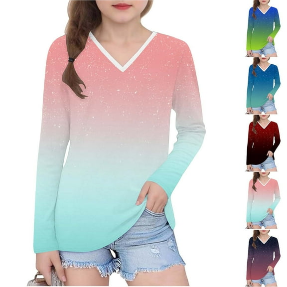 Ashirexll Long Sleeve Shirts Winter Tops for Girls 2-14 Years Gradient Printed Fashion Casual V-Neck Long Sleeve Top for Spring Fall