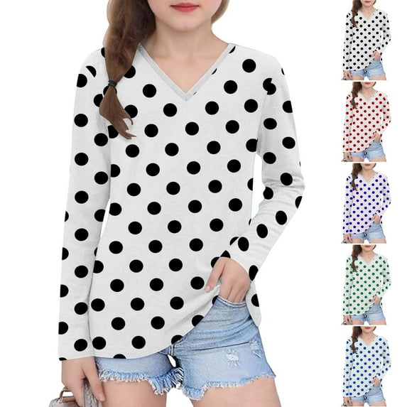 Ashirexll Long Sleeve Shirts Winter Tops for Girls 2-14 Years Polka Dots Fashion Casual V-Neck Long Sleeve Top for Spring and Fall