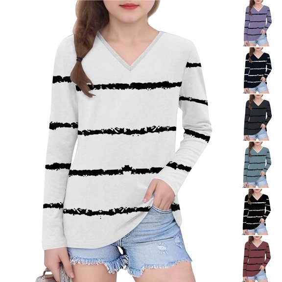 Ashirexll Long Sleeve Shirts Winter Tops for Girls 2-14 Years Stripe Fashion Casual V-Neck Long Sleeve Top for Spring and Fall