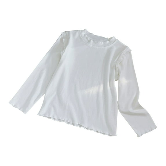 Ashirexll Long Sleeve Shirts for Girls, Fall Tops, 1-8 Years Girls' Casual Solid Color Ruffled Shirt Long Sleeve Round Neck Fall Shirts