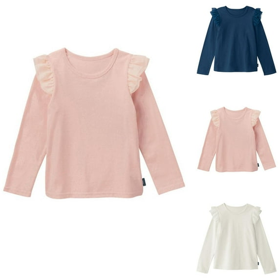 Ashirexll Long Sleeve Shirts for Girls, Fall Tops, Children Ruffle Sleeve Solid Color Base Shirt Round Neck Casual Loose Shirts