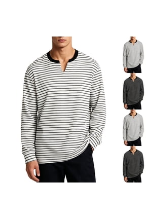 Long Sleeve Shirts for Men Casual Daily Striped V-Neck Loose Side Split Hem Cotton Pullover Tops