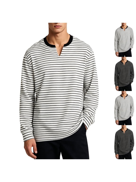 Long Sleeve Shirts for Men Casual Daily Striped V-Neck Loose Side Split Hem Cotton Pullover Tops