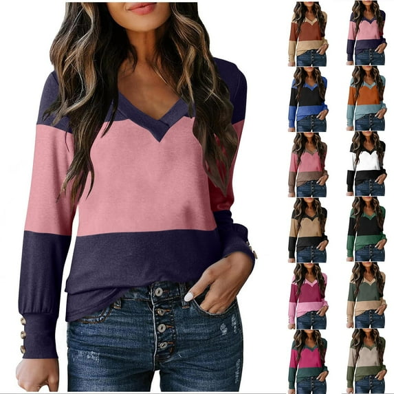 Ashirexll Long Sleeve Shirts for Women Casual Winter Tops Color Block Printed V-Neck Pullover Decorative Winter Clothes