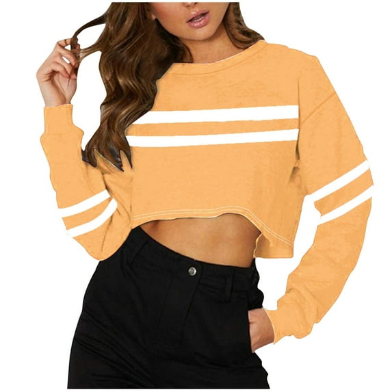 Ashirexll Long Sleeve Shirts for Women Loose Casual Round Neck Striped Short Top Basic Fitted Cropped Pullover Shirts Orange XXL