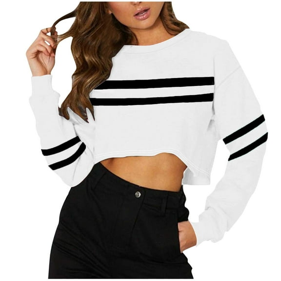 Ashirexll Long Sleeve Shirts for Women Loose Casual Round Neck Striped Short Top Basic Fitted Cropped Pullover Shirts White L