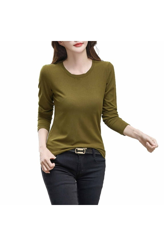 Long Sleeve Shirts for Women Plus Size Crew Neck Shirts Fall Fashion Basic Layering Slim Soft Thermal Underwear Tops Army Green S