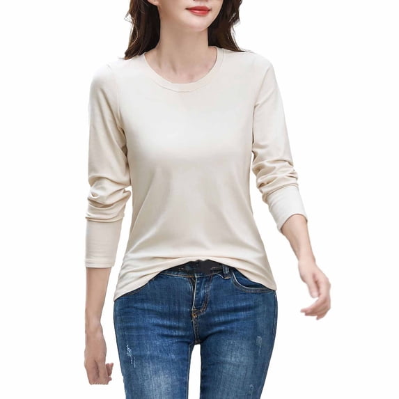 Ashirexll Long Sleeve Shirts for Women Plus Size Crew Neck Shirts Fall Fashion Basic Layering Slim Soft Thermal Underwear Tops Beige L