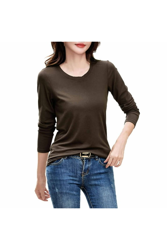 Long Sleeve Shirts for Women Plus Size Crew Neck Shirts Fall Fashion Basic Layering Slim Soft Thermal Underwear Tops Coffee XXL