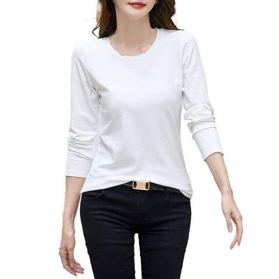 Ashirexll Long Sleeve Shirts for Women Plus Size Crew Neck Shirts Fall Fashion Basic Layering Slim Soft Thermal Underwear Tops White M