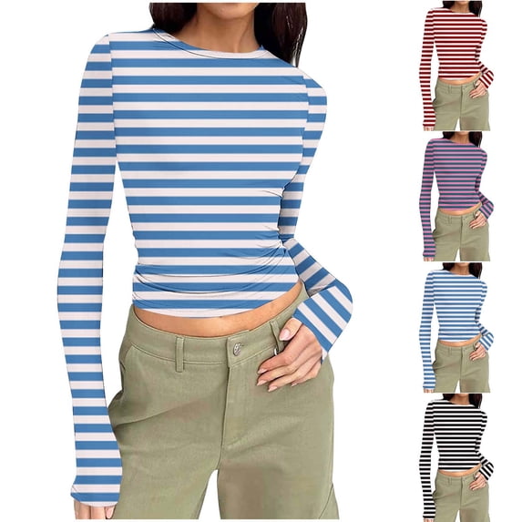 Ashirexll Long Sleeve Shirts for Women Round Neck Random Print Stretch Slim Style Long Sleeve Ribbed Pullover Top