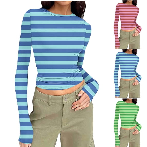Ashirexll Long Sleeve Shirts for Women Round Neck Random Print Stretch Slim Style Long Sleeve Ribbed Pullover Top