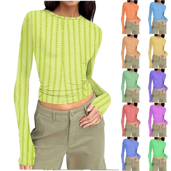 Ashirexll Long Sleeve Shirts for Women Round Neck Random Print Stretch Slim Style Long Sleeve Ribbed Pullover Top
