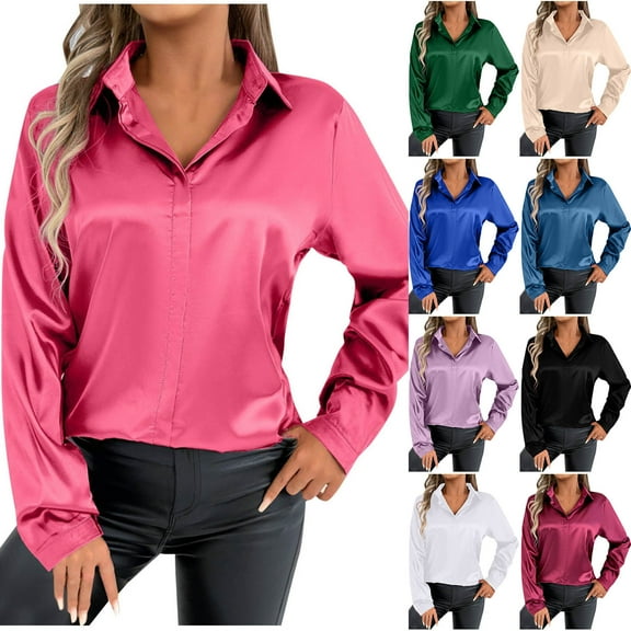 Ashirexll Long Sleeve Shirts for Women, Shirts for Women Trendy, Ladies' Fashion Solid Color Turndown Collar Long Sleeve Thin Blouses