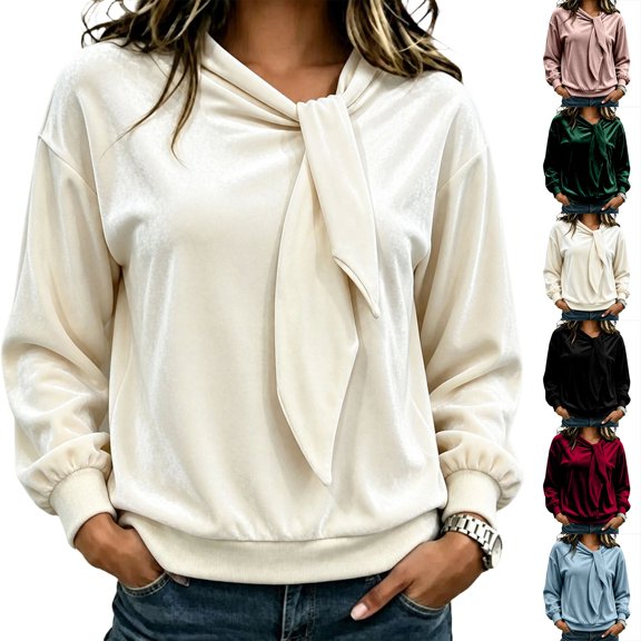 Ashirexll Long Sleeve Shirts for Women Solid Color Bow Tie Detail Basic Casual Long Sleeve Pullover Top