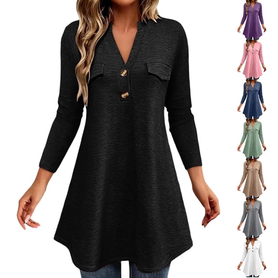 Ashirexll Long Sleeve Shirts for Women V Neck Solid Color Faux Pocket Mid Length Casual Style Long Sleeve Pullover Top for Fall