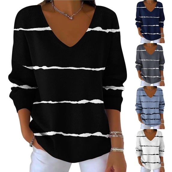 Ashirexll Long Sleeve Shirts for Women Winter Tops Casual Striped V-Neck Loose Versatile Blouse Comfortable Shirt