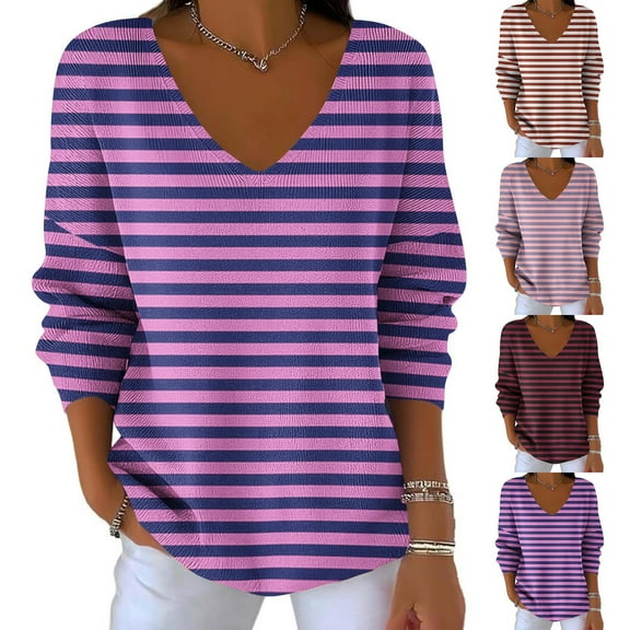 Ashirexll Long Sleeve Shirts for Women Winter Tops Casual Striped V-Neck Loose Versatile Long Sleeve Blouse Top
