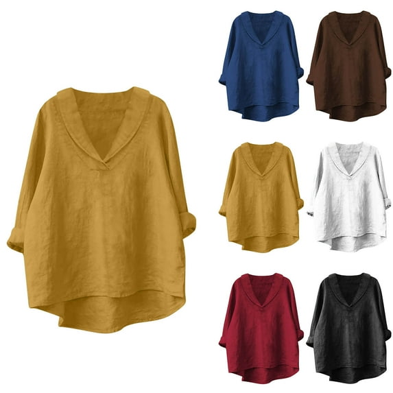 Ashirexll Long Sleeve Shirts for Women Winter Tops Imitation Linen Solid Color Lapel V-Neck Pullover Casual Shirt