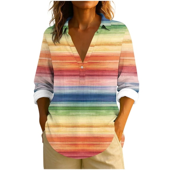 Ashirexll Long Sleeve Shirts for Women Winter Tops Printed Turn Down Collar Button Long Sleeve Casual Top