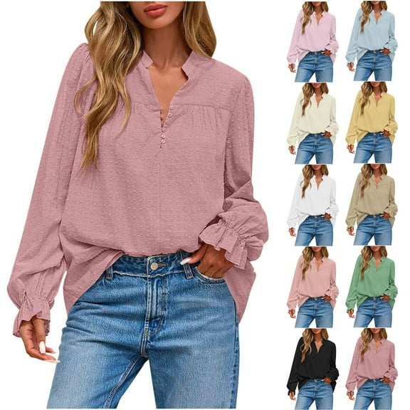 Ashirexll Long Sleeve Shirts for Women Winter Tops Solid Color V-Neck Button Down Long Sleeve Shirt Top