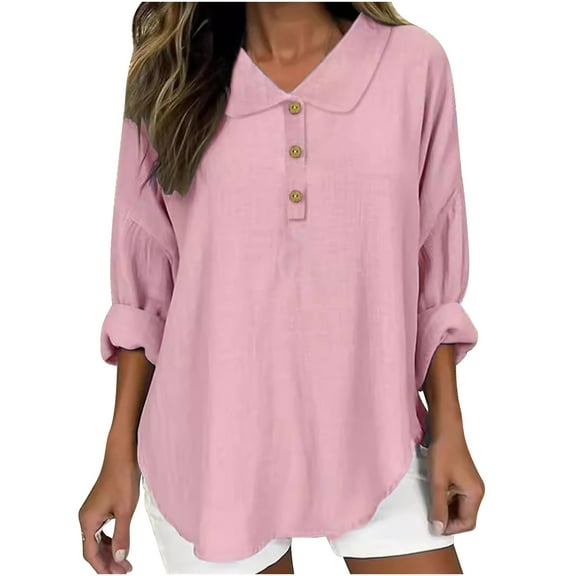 Ashirexll Long Sleeve Shirts for Women, Winter Tops for Women, Fashion Ladies' Solid Color Turndown Collar Casual Button Long Sleeve Shirt Tops