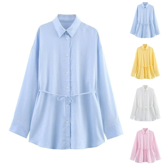 Ashirexll Long Sleeve Shirts for Women, Winter Tops for Women, Ladies' Fashion Solid Color Long Sleeve Turndown Collar Tops and Shirts