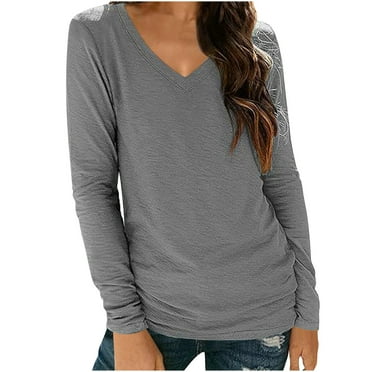 Ashirexll Long Sleeve Tops for Women Plus Size Long Sleeve V-Neck Shirts Fall Fashion Basic Layering Slim Soft Thermal Underwear Tops Gray M