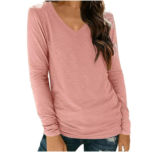 Ashirexll Long Sleeve Tops for Women Plus Size Long Sleeve V-Neck Shirts Fall Fashion Basic Layering Slim Soft Thermal Underwear Tops Pink XL