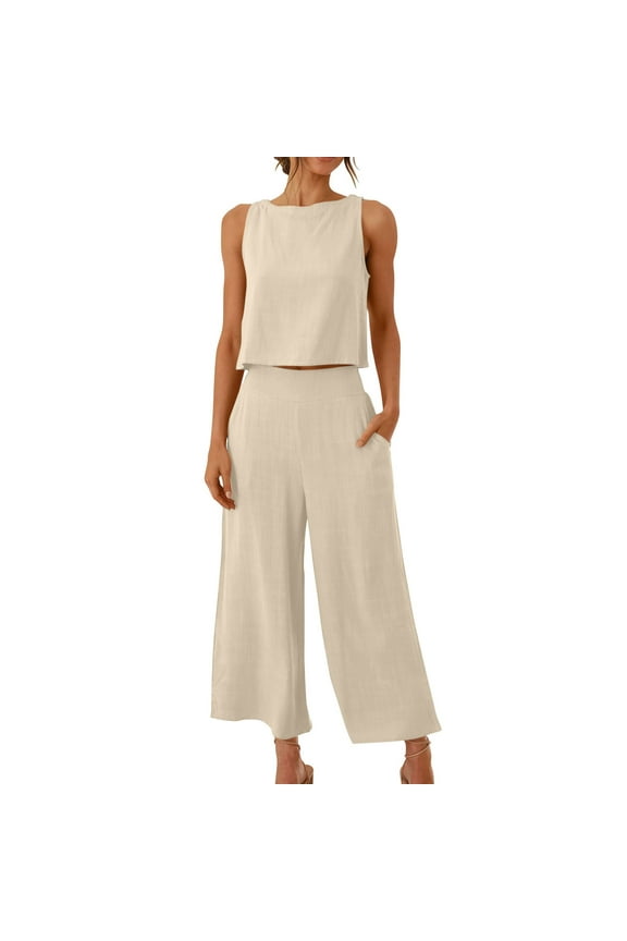 Lounge Set, Comfy Sets for Women Clothing, Fashion Woman Round Neck Solid Sleeveless Blouse and Loose Pockets Pants Sets Beige 4XL