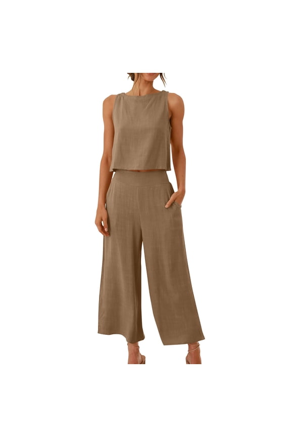Lounge Set, Comfy Sets for Women Clothing, Fashion Woman Round Neck Solid Sleeveless Blouse and Loose Pockets Pants Sets Brown XL