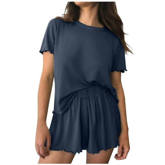 Ashirexll Lounge Sets for Women Summer Short Sleeve Home Fashion Casual Solid Color Tops and Shorts Pajama Set Navy M
