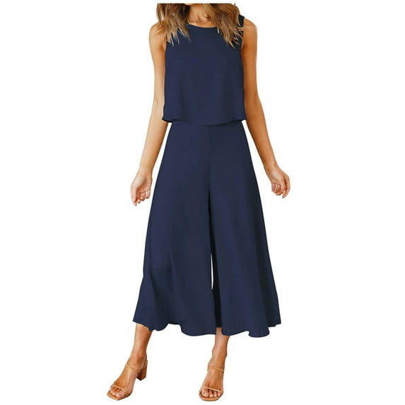 Ashirexll Lounge Sets for Women, Two Piece Sets for Women, Cotton and Linen Round Neck Sleeveless Shorts Top Plus Wide Leg Pants Trouser Set Navy L