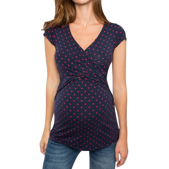 Ashirexll Maternity Tops, Summer Maternity Clothes, Women's Comfy Short Sleeve Nursing Print for Breastfeeding Navy XL
