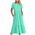 thumbnail image 1 of Ashirexll Maxi Dresses for Women 2024, Solid Color Short Sleeve Round Neck Casual Flowy Tiered Beach Dress with Pockets Mint Green M, 1 of 5