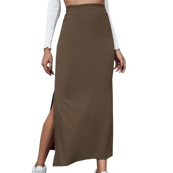 Ashirexll Maxi Skirt with Slit, High Waisted Skirts for Women, Versatile Half Skirt Solid Color Elastic Wrapped Hip Skirt Split Skirt Coffee 3XL