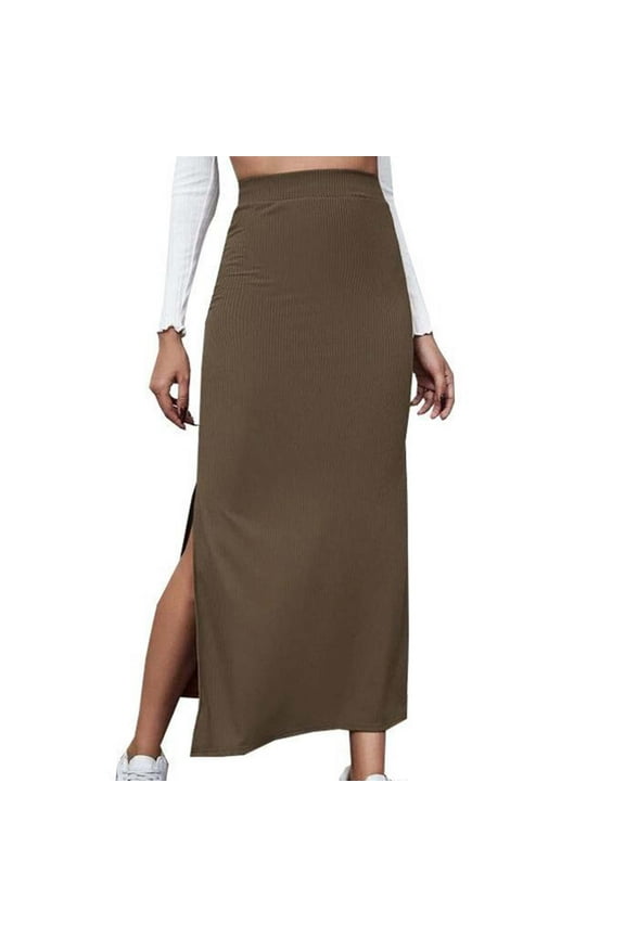 Maxi Skirt with Slit, High Waisted Skirts for Women, Versatile Half Skirt Solid Color Elastic Wrapped Hip Skirt Split Skirt Coffee S