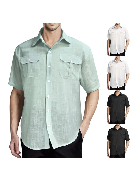 Mens Button up Shirts Short Sleeve, Big and Tall Shirts for Men, Button up Shirts with Pockets Summer Casual Short Sleeve Turndown Collar Tops