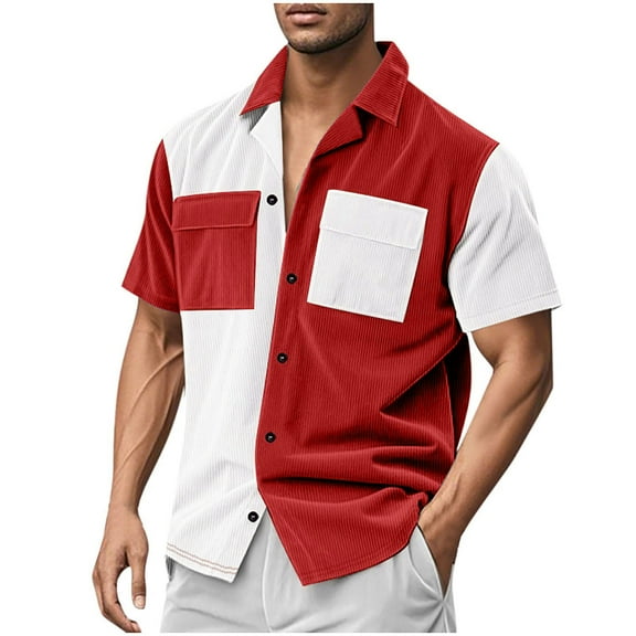 Ashirexll Mens Button up Shirts Short Sleeve, Big and Tall Shirts for Men, Fashion Color Matching Casual Loose Turndown Collar Pockets Short Sleeve Shirts