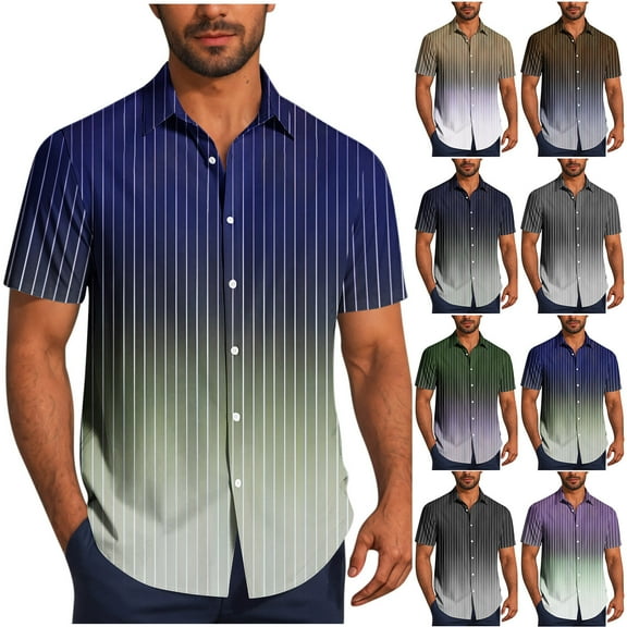 Ashirexll Mens Button up Shirts Short Sleeve, Big and Tall Shirts for Men, Casual Gradient Color Striped Shirts for Beach Summer Button Up Shirts