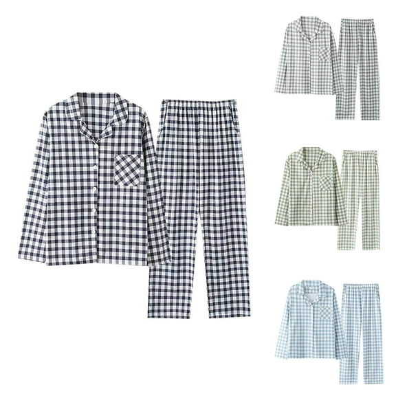 Ashirexll Mens Pajamas Set, Two Piece Sets, Plaid Print Long Sleeve Pajama Set With Elastic Waist Bandage Pants For Men