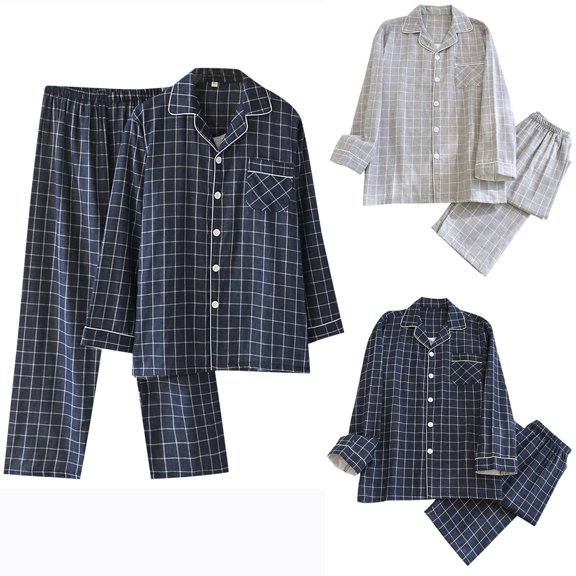 Ashirexll Mens Pajamas Set, Two Piece Sets, Plaid Printed Collar Long Sleeve Fashion Casual Loose Sleepwear Set