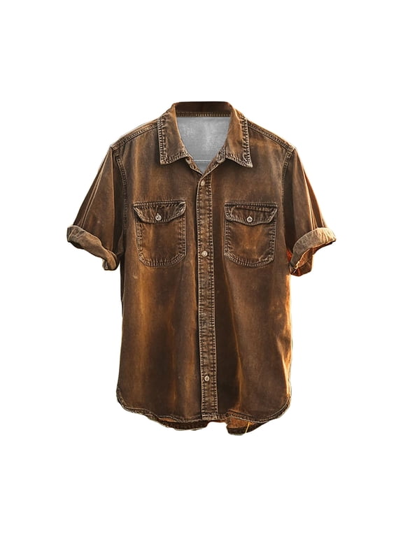 Mens Shirts Casual, Mens Button up Shirts Short Sleeve, Fashion and Vintage Printed Casual Turndown Collar Shirts with Pockets Plus Size Summer Button Shirts